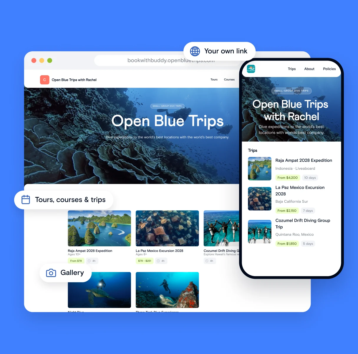 Open Blue Trips Buddy Website on a desktop browser and a phone, with tours, courses and trips, a gallery and its own link