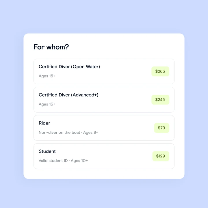 Customer type picker with prices for certified divers, riders and students