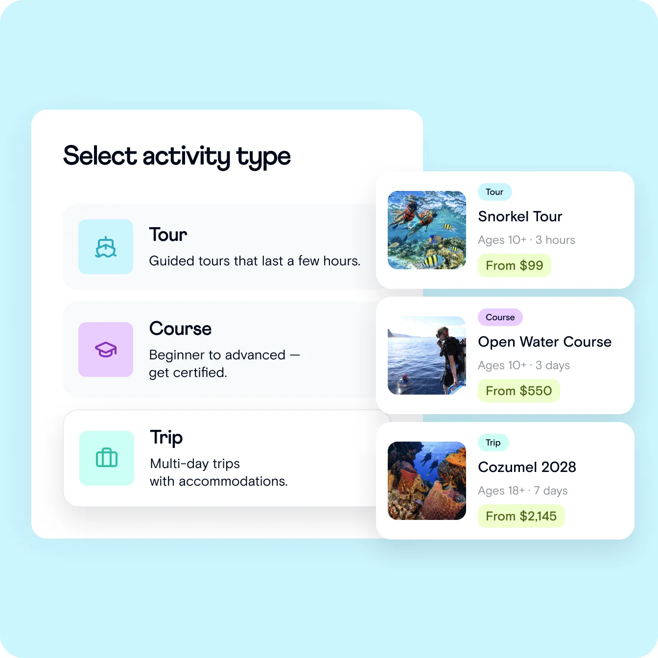 Select activity type: Tour, Course or Trip, with Snorkel Tour, Open Water Course and Cozumel 2028 listings