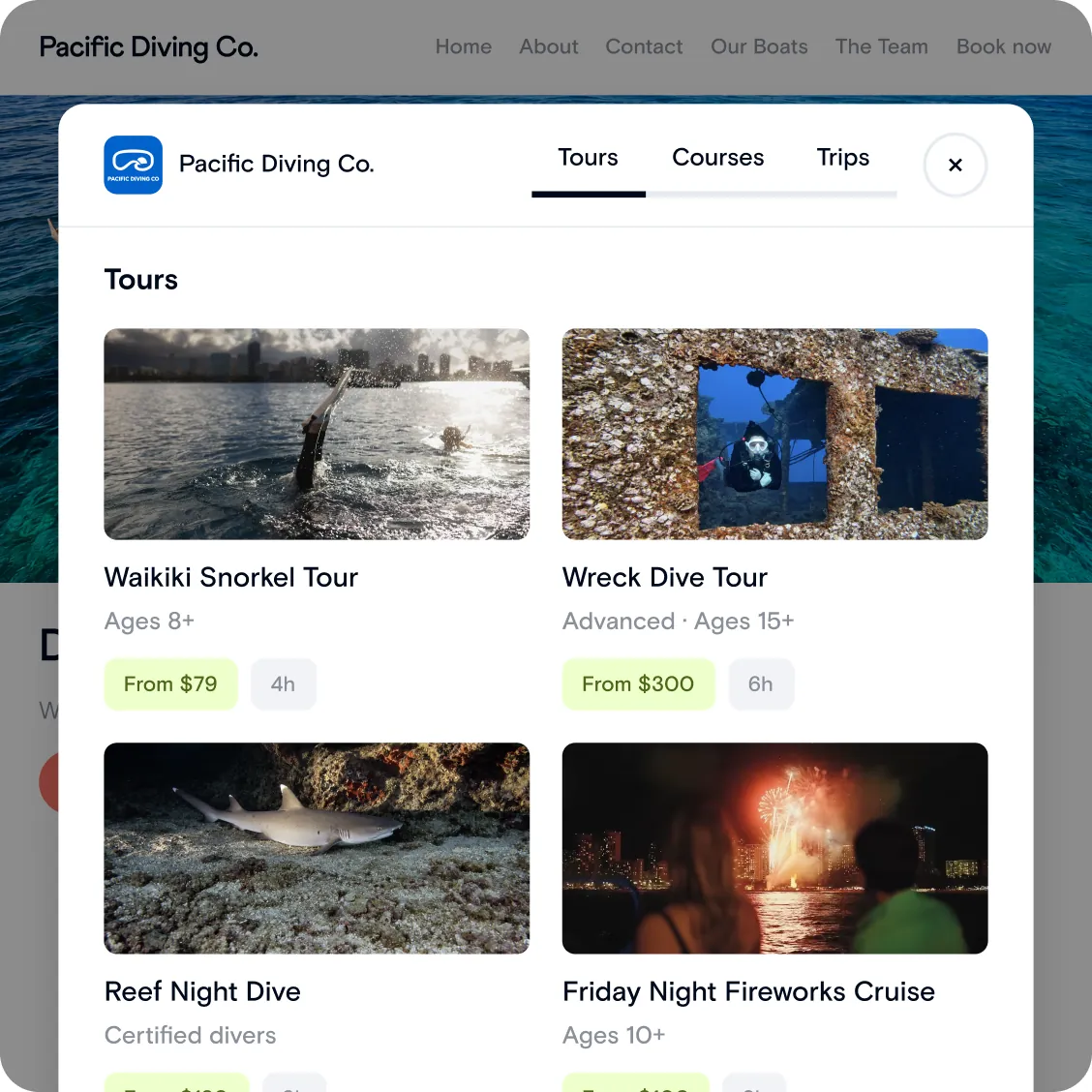 Buddy booking widget open over a dive shop website, listing tours to book