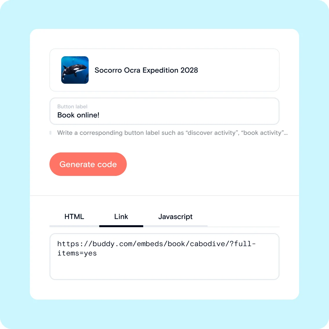 Buddy share-link generator creating a booking link for an expedition