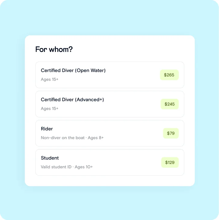 Customer type picker with prices for certified divers, riders and students