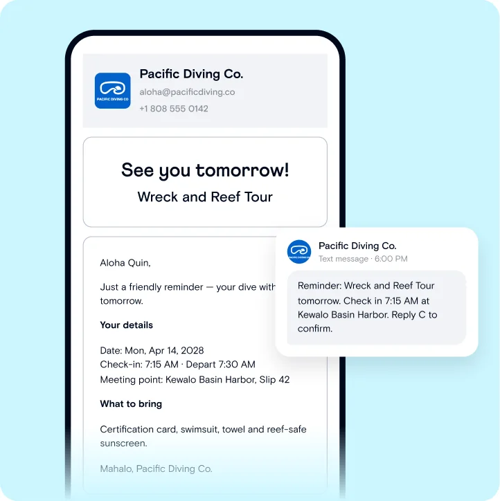 “See you tomorrow!” reminder email from a dive shop shown on a phone