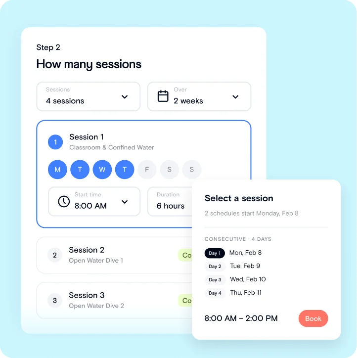 Course scheduling form with weekly sessions and a session picker