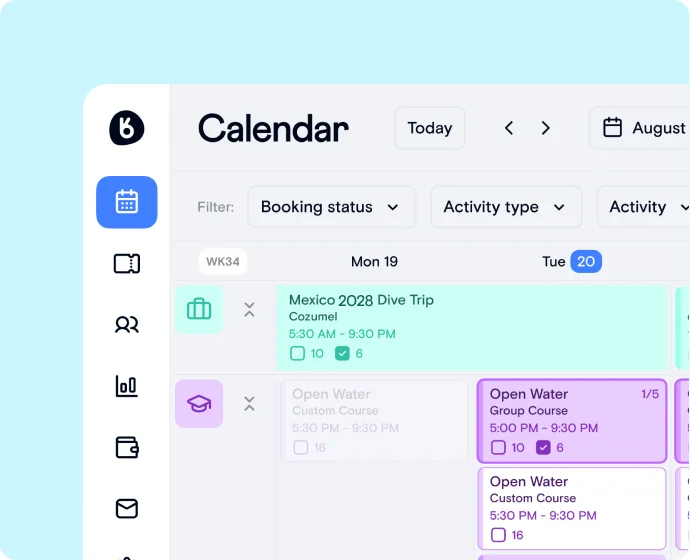 Buddy booking calendar showing a dive trip and Open Water course sessions side by side