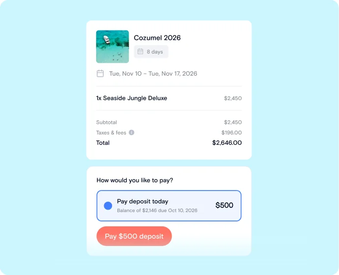 Checkout for a Cozumel trip offering a $500 deposit today with the balance due later
