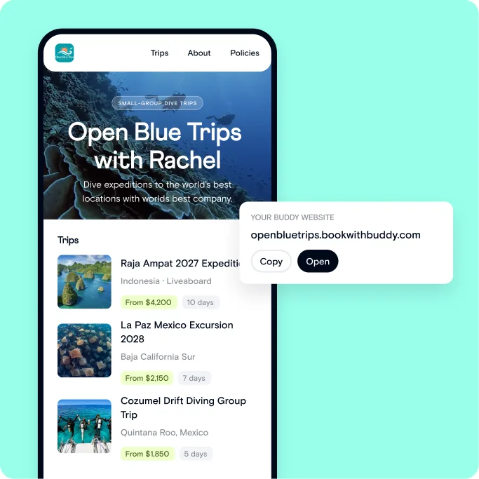 A Buddy Website on a phone listing bookable trips, with its bookwithbuddy.com address
