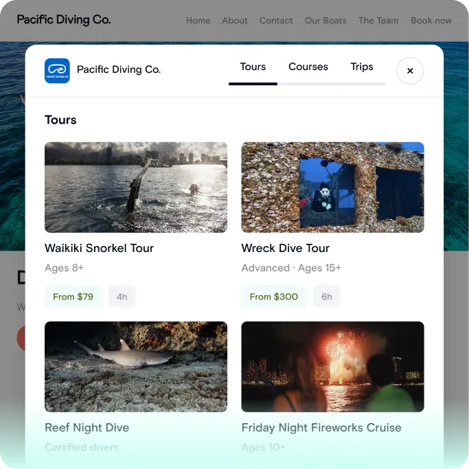 Buddy booking widget open on top of an existing dive website