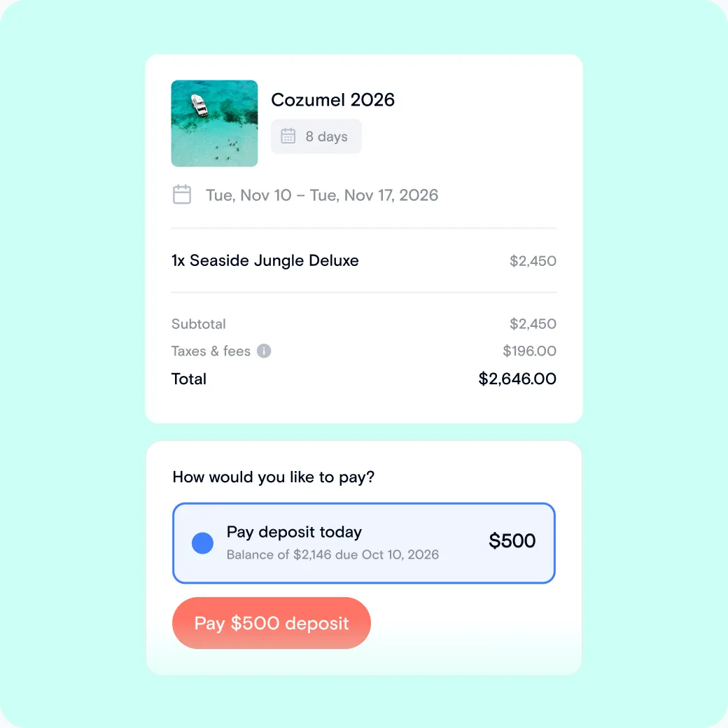 Checkout order summary with a $500 deposit today and the balance due later