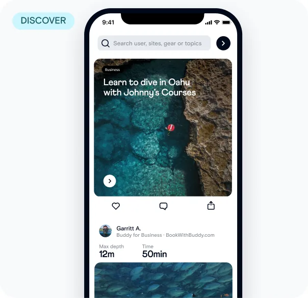 Buddy app Discover feed with an article about learning to dive in Oahu with Johnny’s Courses