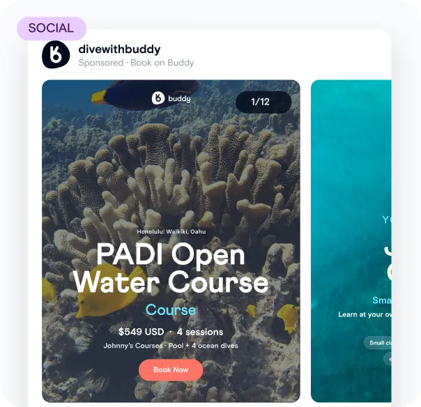 Instagram carousel post for Johnny’s Courses’ PADI Open Water Course