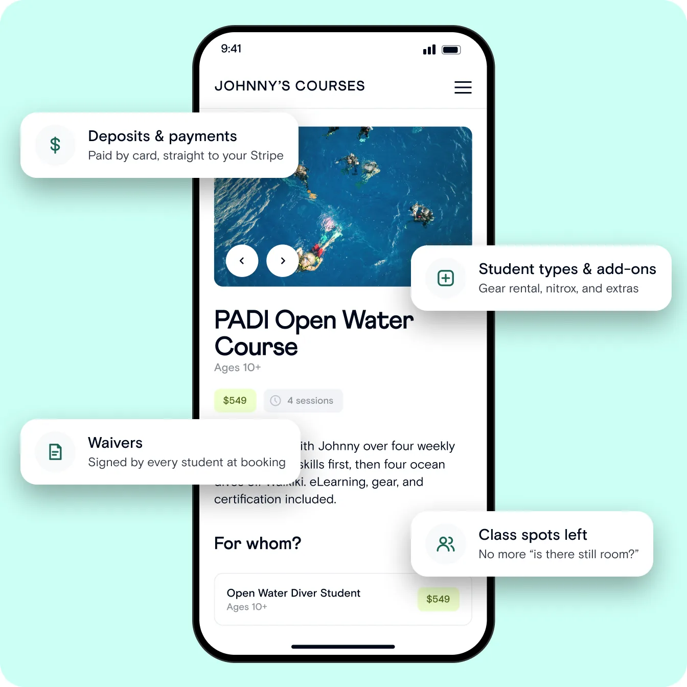 PADI Open Water Course booking page on a phone, with callouts for deposits, waivers, student types and add-ons, and class spots left