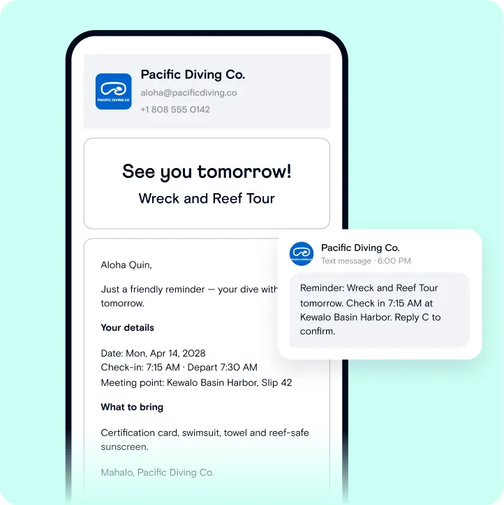“See you tomorrow!” reminder email with check-in time, meeting point and what to bring