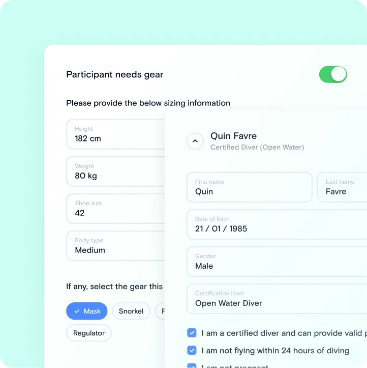 Participant form collecting height, weight, shoe size, certification level and medical answers