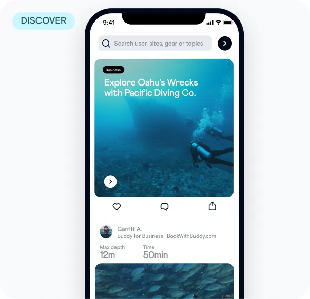 Buddy app Discover feed with an article about Pacific Diving Co.