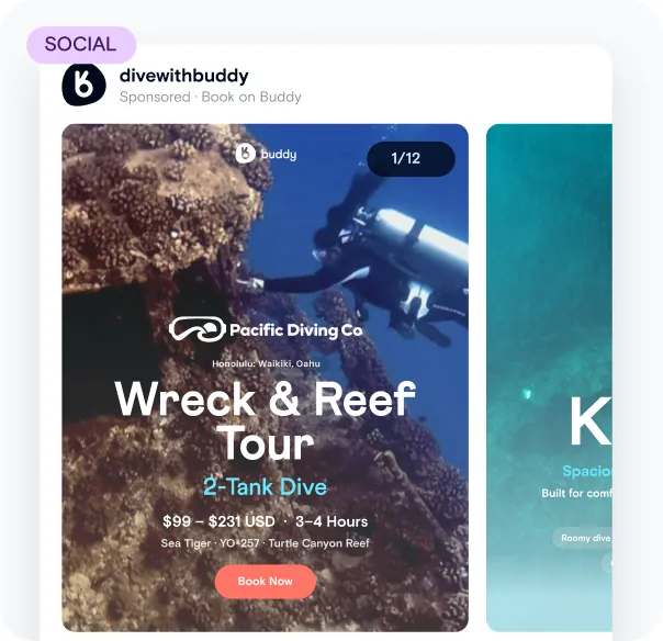 Instagram carousel post for a Wreck & Reef two-tank dive tour