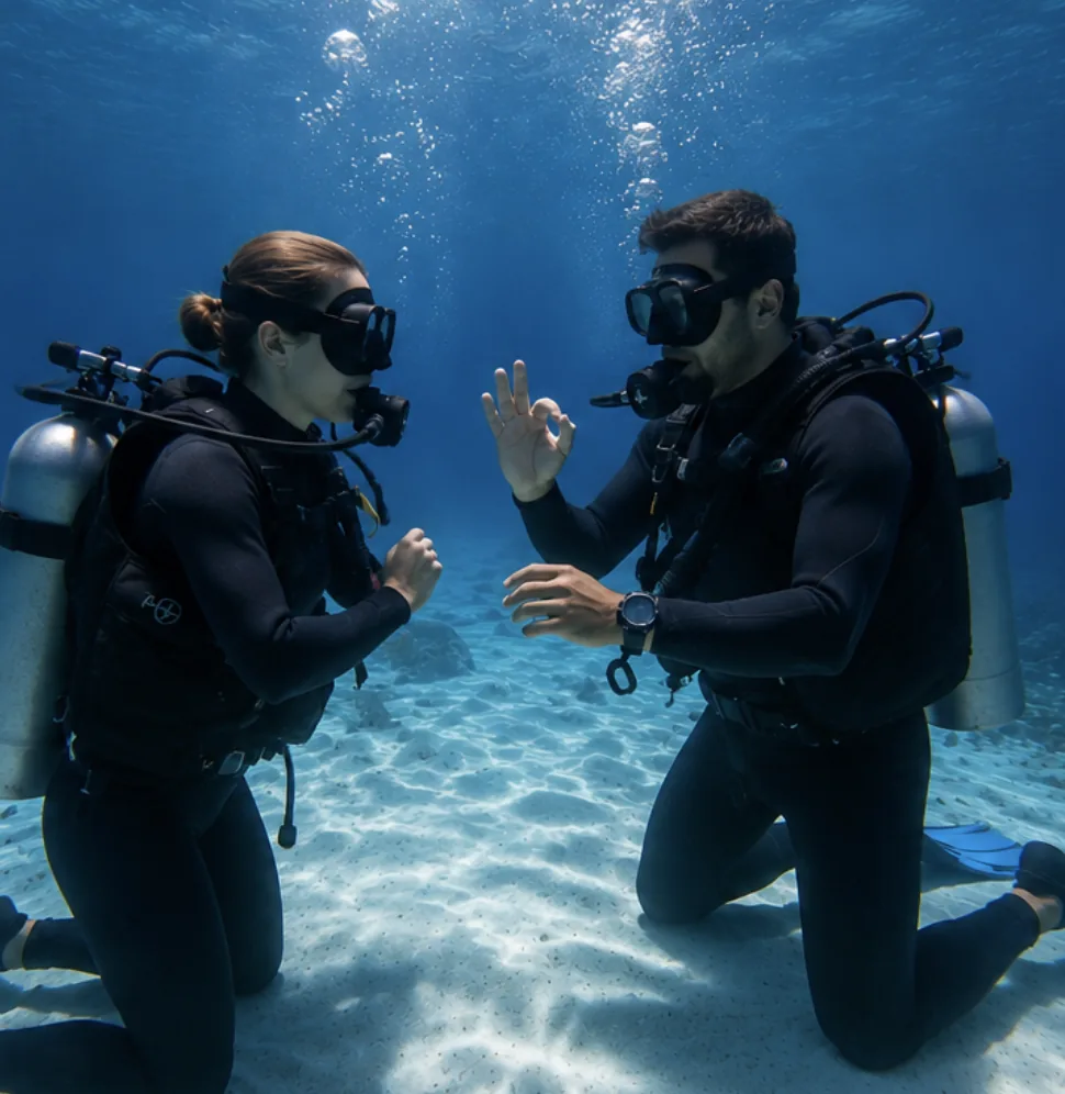 Dive instructor and student giving the OK sign to each other underwater