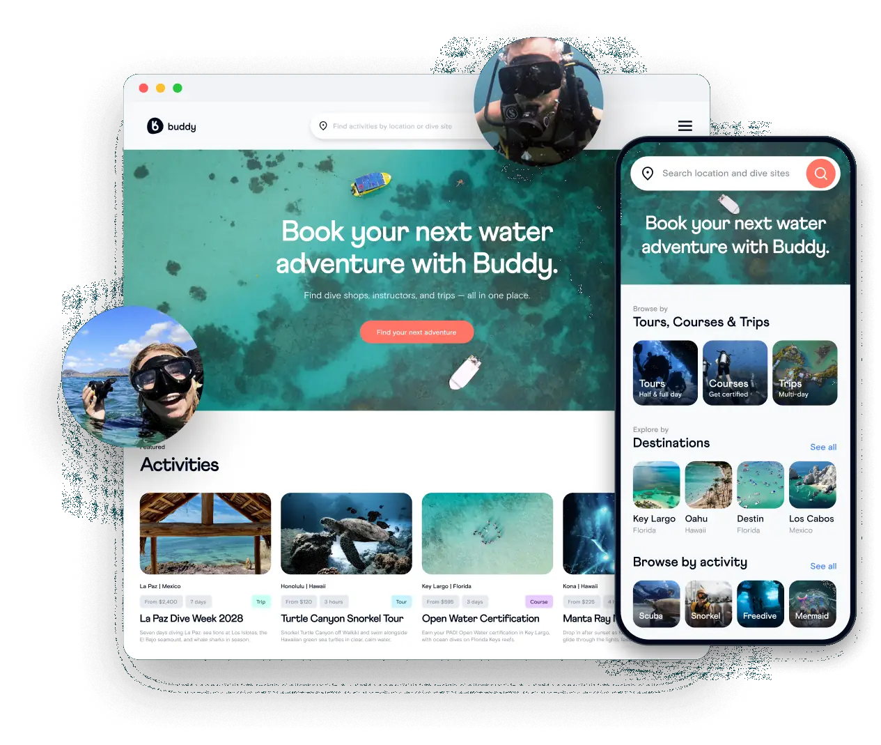 Buddy marketplace on bookwithbuddy.com and the Buddy app booking page, with diver photos