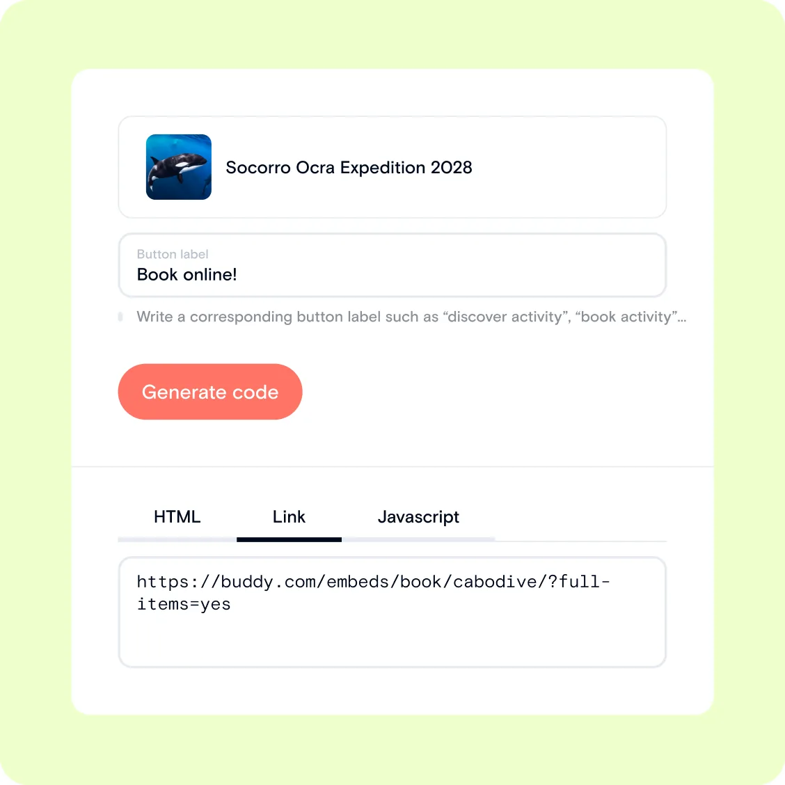 Generating a shareable booking link for the Socorro Orca Expedition 2028