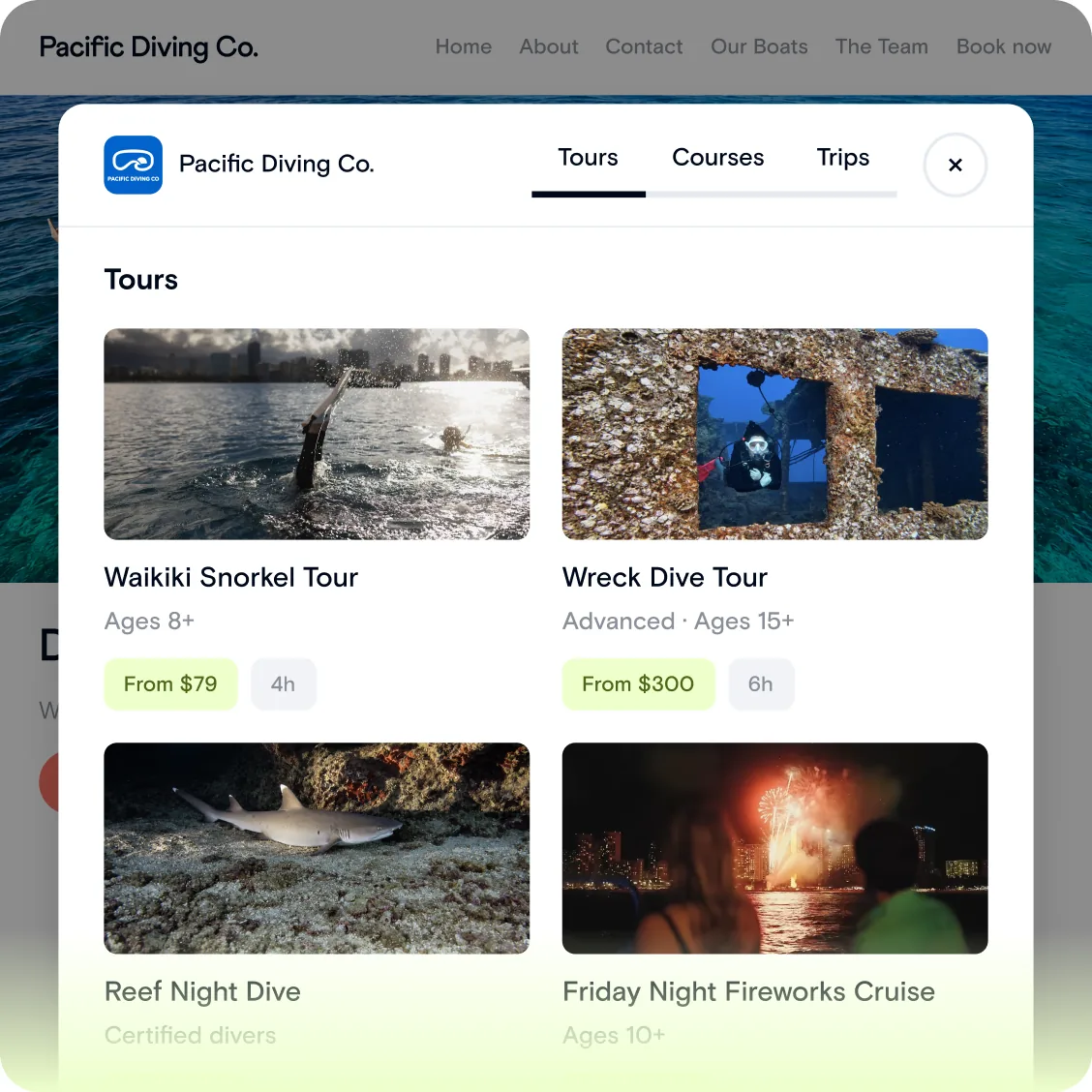 Buddy booking widget open on top of an existing dive website