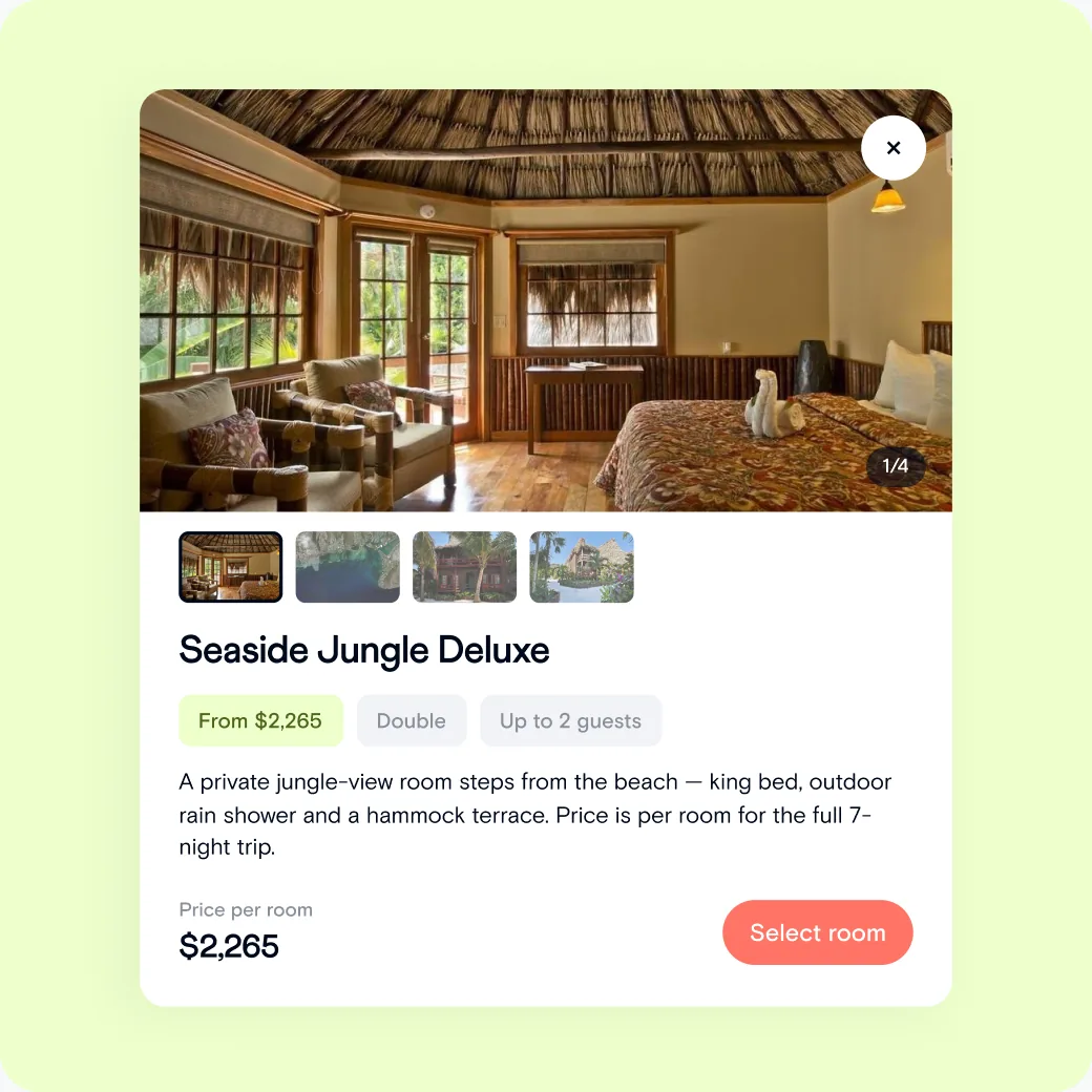 Room details for a Seaside Jungle Deluxe double room priced per room for a 7-night trip