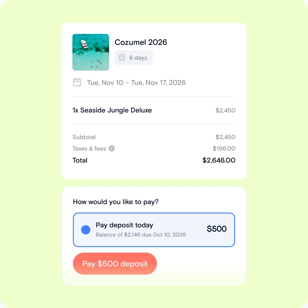 Cozumel 2026 trip checkout with a $500 deposit today and the balance due later