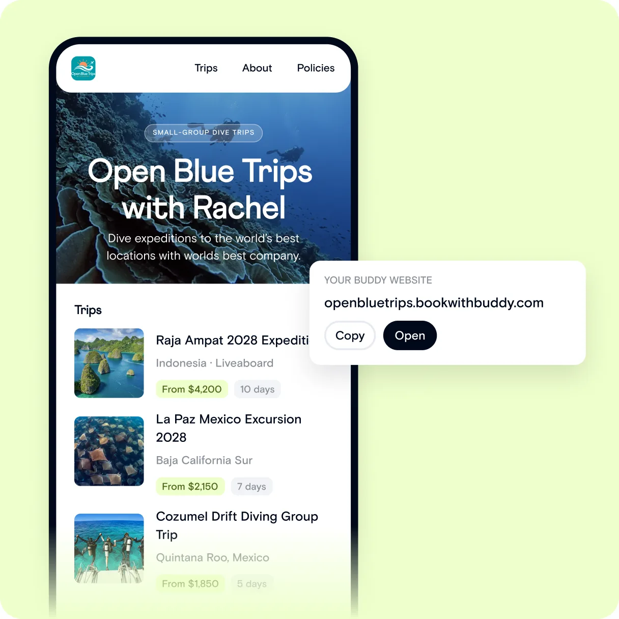 Open Blue Trips’ Buddy Website on a phone listing bookable dive trips, with its bookwithbuddy.com address