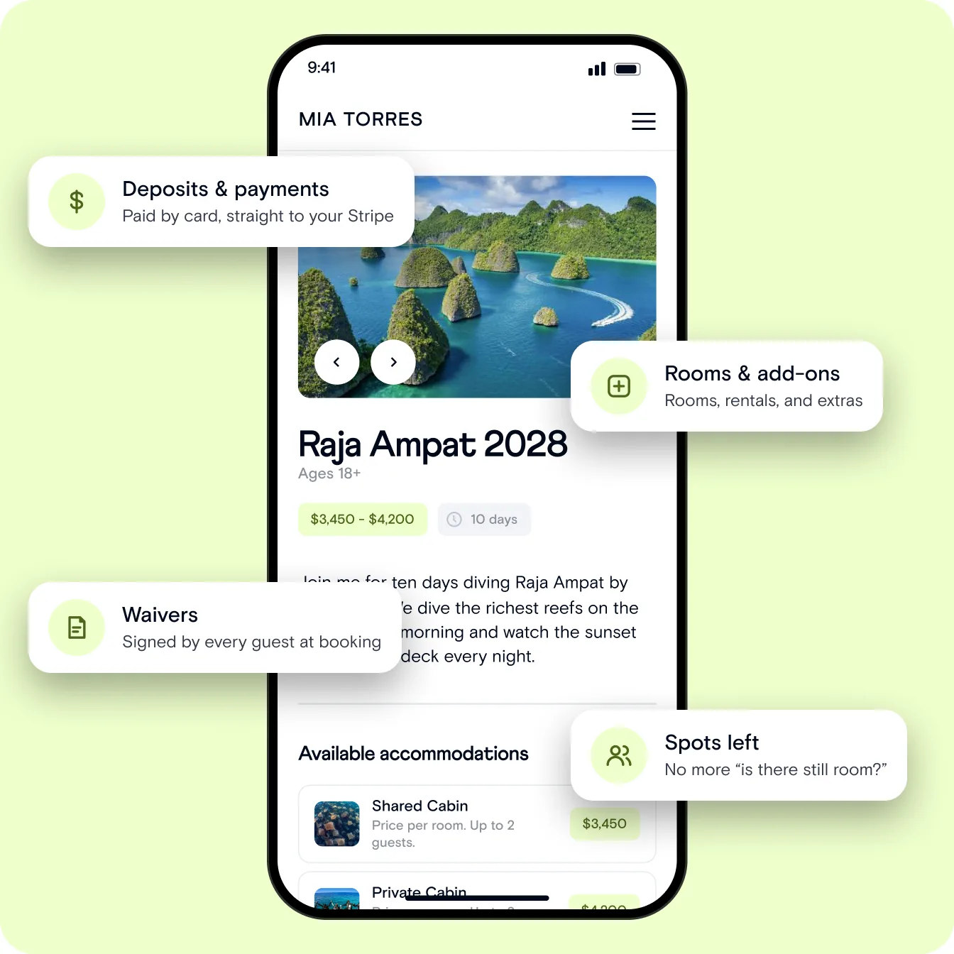 Group trip booking page on a phone, with callouts for deposits, waivers, rooms and add-ons, and spots left