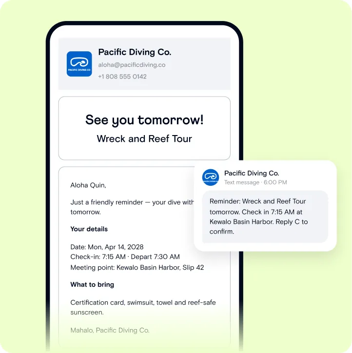 “See you tomorrow!” reminder email with check-in time, meeting point and what to bring