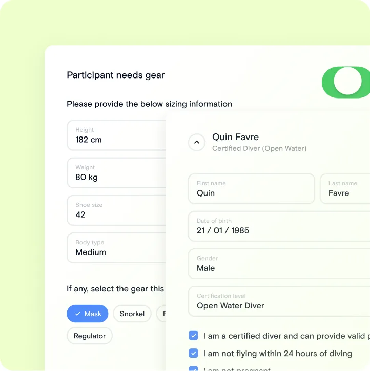 Participant form collecting height, weight, shoe size, certification level and more