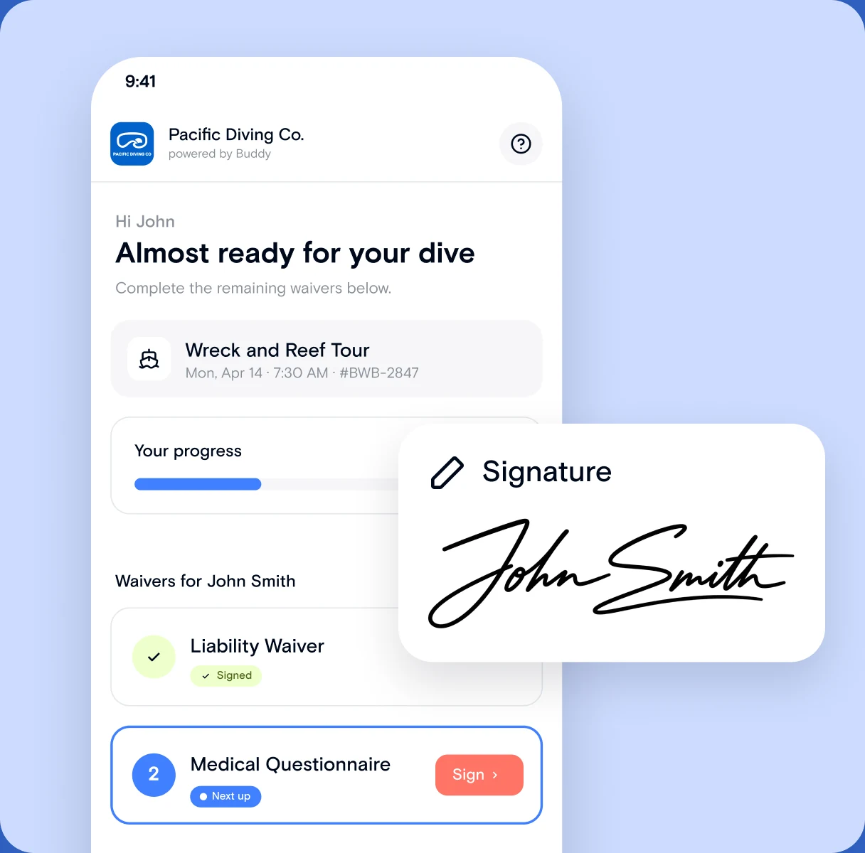 Pacific Diving Co. waiver hub on a phone: liability waiver signed, medical questionnaire next up, and a guest’s signature