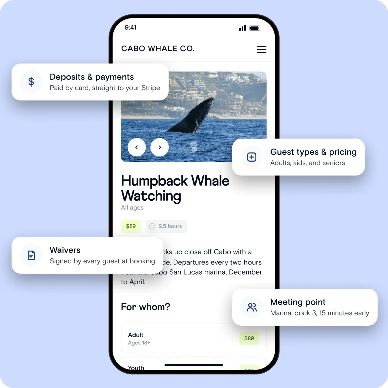 Cabo Whale Co. humpback whale watching tour page on a phone with deposits, waivers, guest types and meeting point callouts