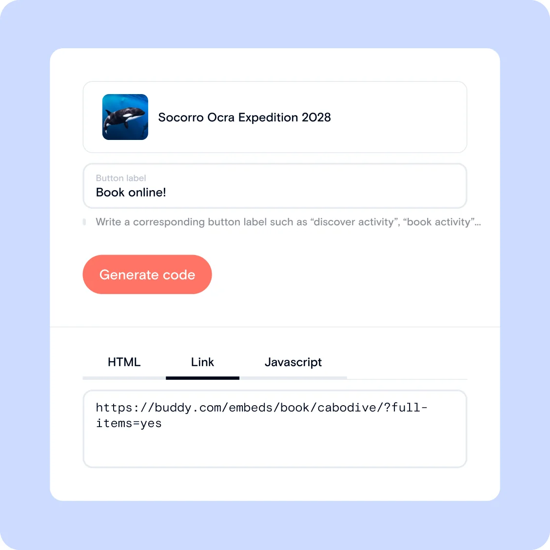 Buddy share-link generator creating a booking link for a tour